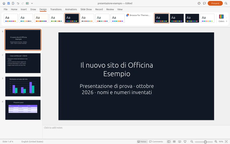 La scheda Design di DeckCraft con la galleria dei temi e la presentazione di esempio ricolorata con un tema scuro