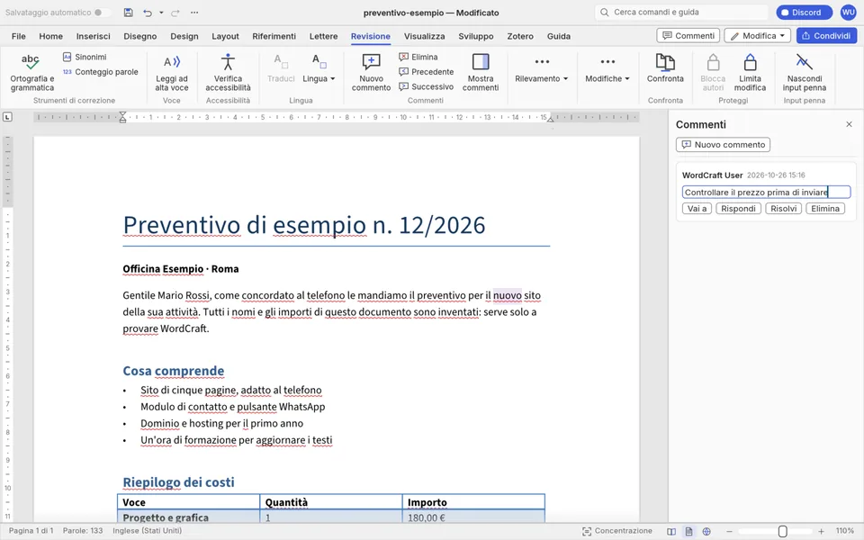 La scheda Revisione di WordCraft in italiano con il pannello Commenti aperto a destra e il commento Controllare il prezzo prima di inviare agganciato a una parola del preventivo
