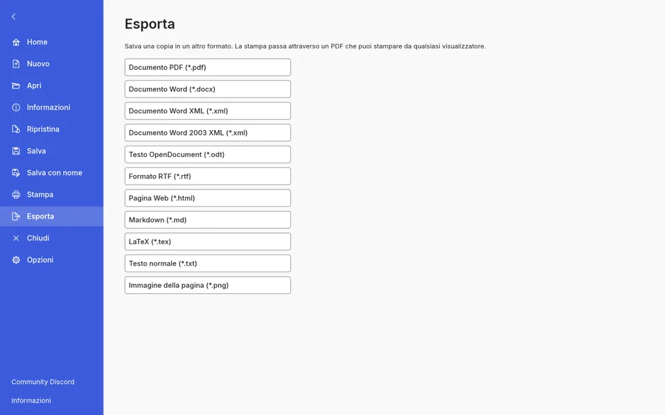Il pannello Esporta di WordCraft con i formati Documento PDF, Documento Word docx, Documento Word XML, Word 2003 XML, OpenDocument odt, RTF, Pagina Web html, Markdown, LaTeX, Testo normale e Immagine della pagina png