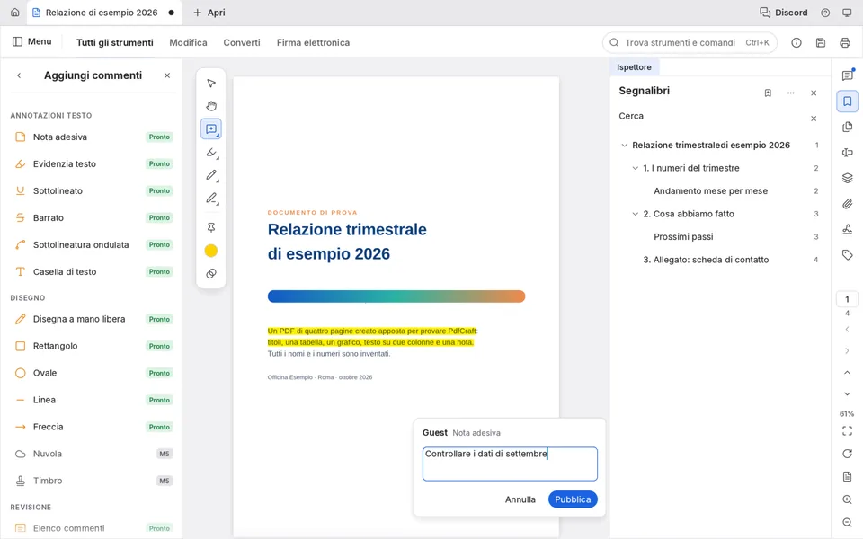 PdfCraft con due righe di testo evidenziate in giallo nella copertina del PDF di prova e una nota adesiva con il testo Controllare i dati di settembre; a sinistra l'elenco degli strumenti di commento con l'etichetta Pronto