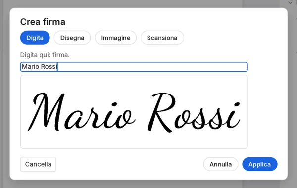 La finestra Crea firma di PdfCraft con le schede Digita, Disegna, Immagine e Scansiona e il nome Mario Rossi trasformato in una firma corsiva