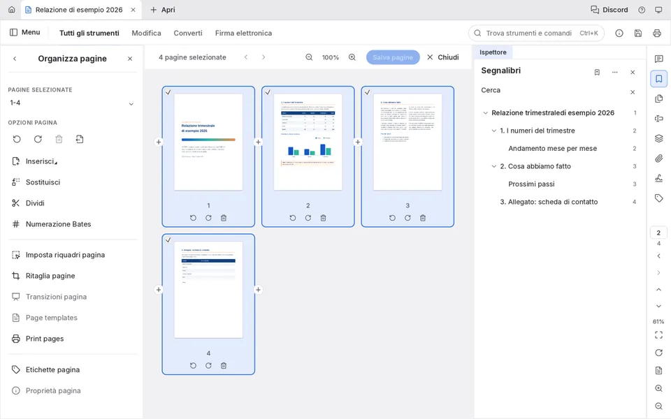 Il pannello Organizza pagine di PdfCraft con le quattro pagine del documento come miniature, tutte selezionate, e le opzioni Inserisci, Sostituisci, Dividi e Numerazione Bates a sinistra