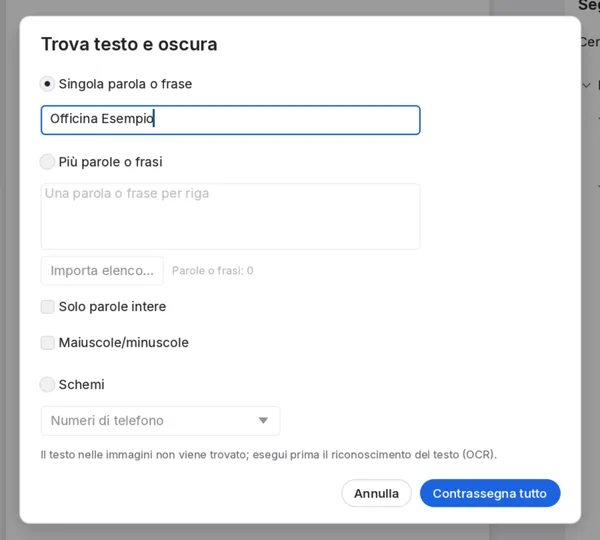 La finestra Trova testo e oscura di PdfCraft con la frase Officina Esempio da cercare, le opzioni Solo parole intere e Maiuscole/minuscole e lo schema Numeri di telefono