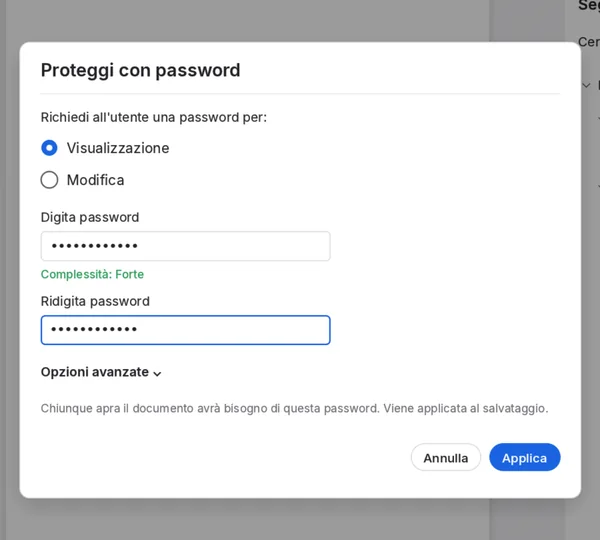 La finestra Proteggi con password di PdfCraft con la scelta tra Visualizzazione e Modifica, due campi password compilati e l'indicazione Complessità: Forte