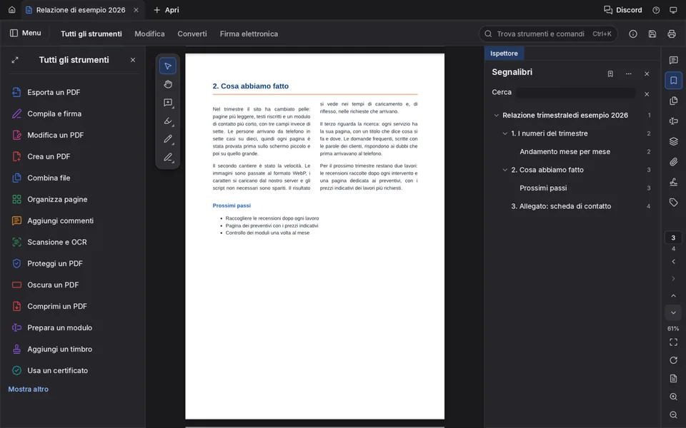 PdfCraft nel tema scuro con la terza pagina del PDF di prova: il capitolo Cosa abbiamo fatto con il testo su due colonne e l'elenco Prossimi passi