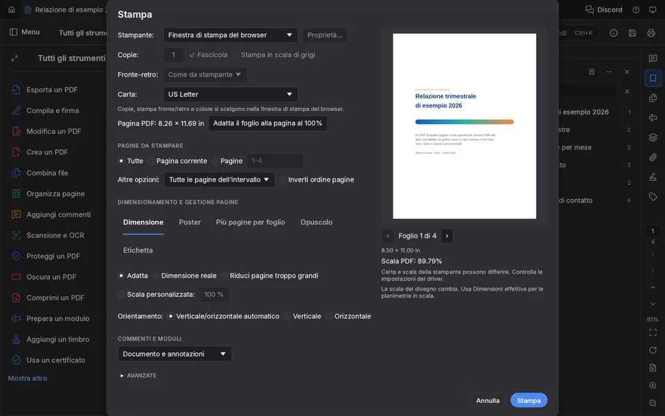 La finestra Stampa di PdfCraft nel tema scuro con le schede Dimensione, Poster, Più pagine per foglio, Opuscolo ed Etichetta e l'anteprima della copertina del PDF