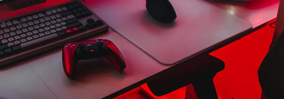 Postazione da gioco: tastiera meccanica, controller rosso e mouse su una scrivania illuminata di rosso