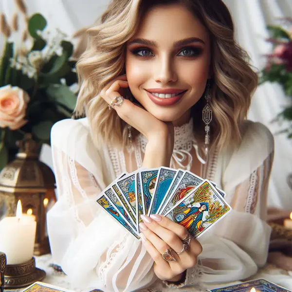 Ambra sorride con un ventaglio di carte in mano
