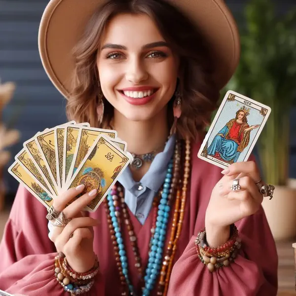 Morgana, col cappello, mostra le carte dei tarocchi