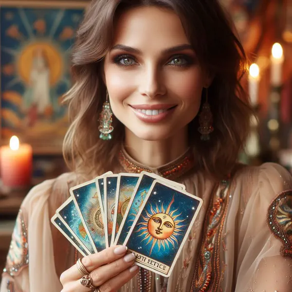 Selene sorride e mostra le carte dei tarocchi